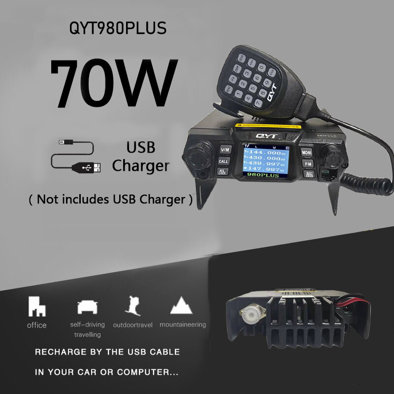 Qyt 980plus móvel walkie talkie sem fio 70w vhf uhf 200 canais tela colorida carro estação pode carregador usb
