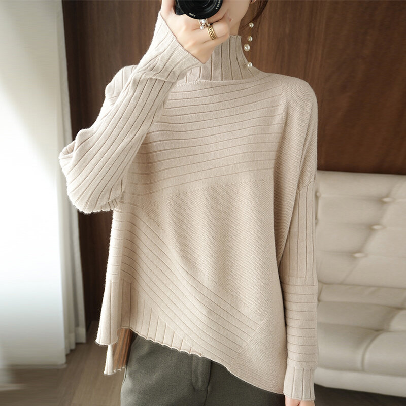 Camisola feminina de tamanho grande meia gola alta primavera outono versão coreana 2022 novo exterior usar irregular manga comprida solta camisola