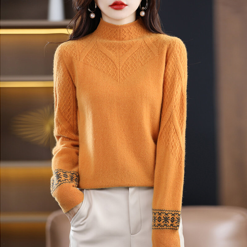 Nova moda 100% lã pura malha semi-gola alta cor correspondência torção flor solta outono e inverno camisola coringa camisa insid
