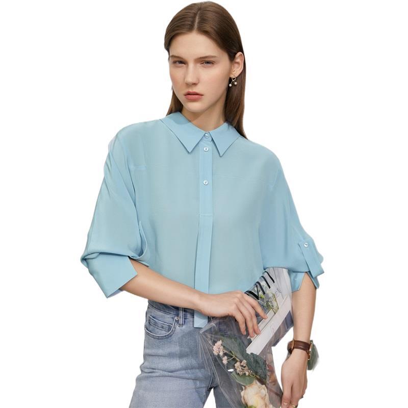 Minimalism Office Ladies 100% Genuine Silk Solid Blouse New Lapel Collar Loose Chic Shirt Summer Women's Fashion Casual Tops
