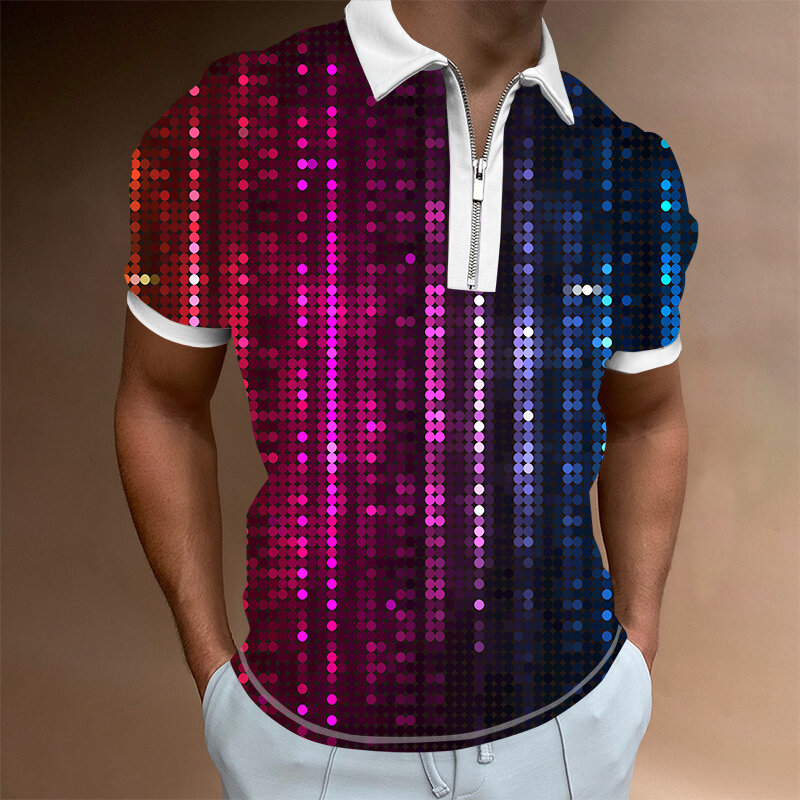 Рубашка-поло мужская с коротким рукавом, готический топ на молнии, с 3D-принтом волн, уличная одежда, стиль Харадзюку, лето