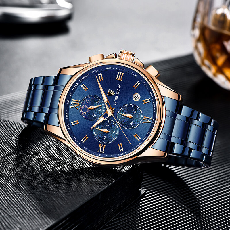 LIGE – montre de luxe à grand cadran pour hommes, classique, à Quartz, chronographe, Sport, bracelet en acier étanche