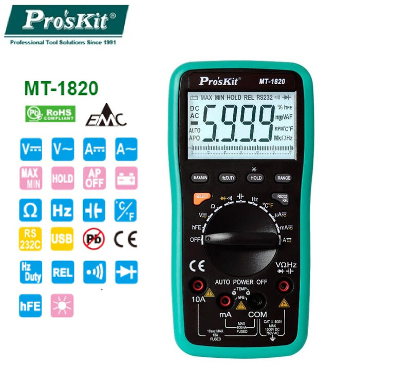 Pro'skit-multímetro Digital multifunción MT-1820 3 5/6, medidor de potencia con Cable USB, localizador Visual de fallos, láser Sour