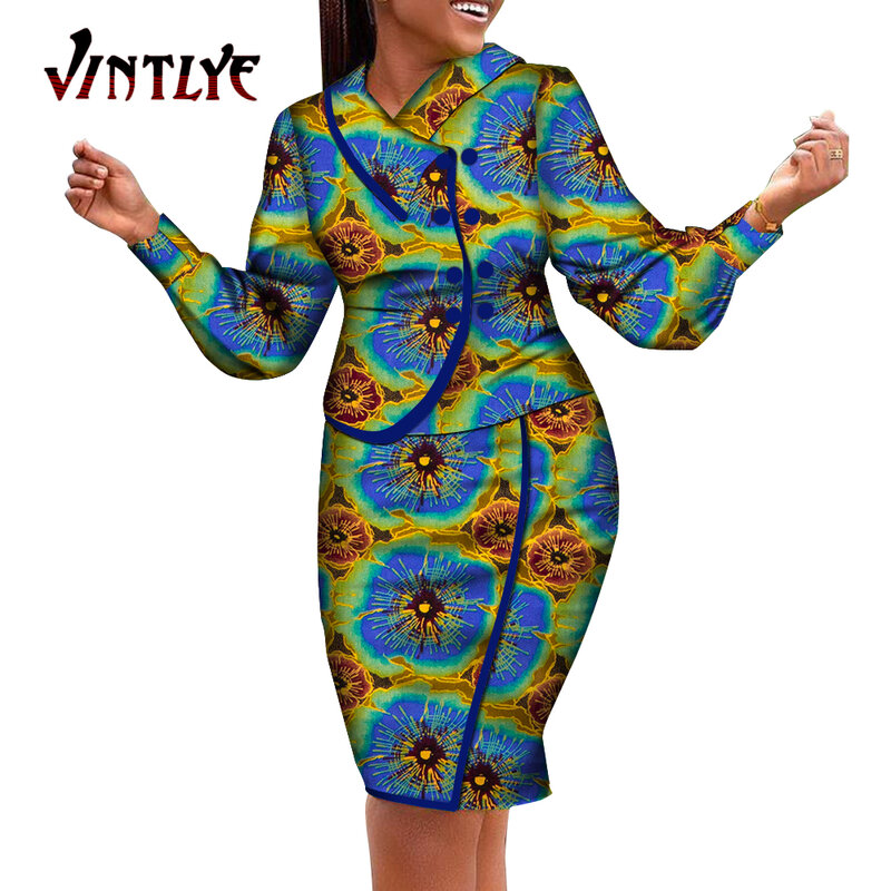 Модная африканская одежда для женщин Асимметричная рубашка с отложным воротником и длинным рукавом с принтом и Юбка До Колена Дашики женская одежда