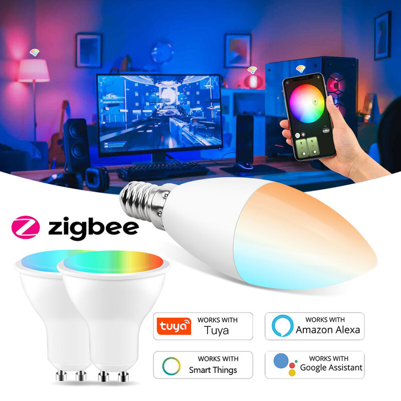 Zigbee – ampoule Led GU10 E14, lampe intelligente Tuya, Wifi, Compatible avec Alexa Google Home Smartthings Hu * e