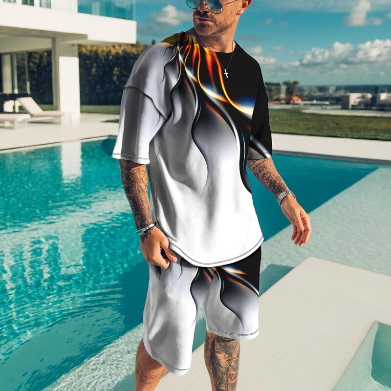 Kaus Mode Setelan Pria Baru Musim Panas + Set Celana Pendek Pantai Pakaian Olahraga Gambar 3D Leher O Kualitas Tinggi Pria 2 Potong Streetwear