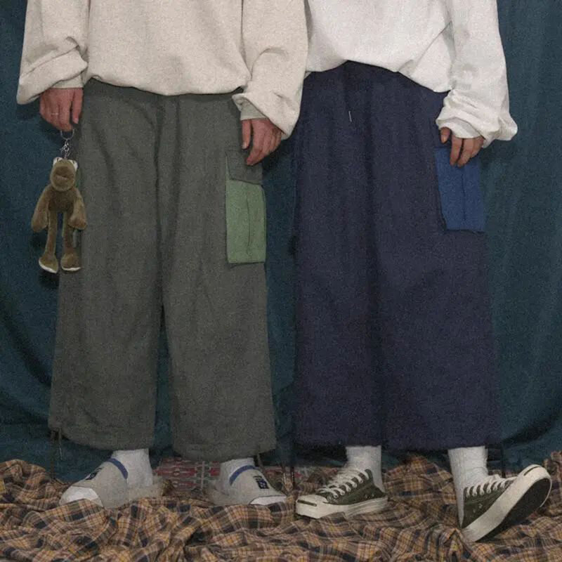 Y2K Street cuciture retrò giapponesi a contrasto di colore Multi-tasca pantaloni Casual Oversize larghi a gamba larga da uomo