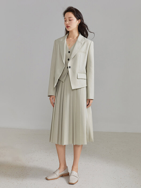 FSLE Suit Collar Full Regular Sleeve Blazer High Waist Pleated Long Suit Dress A-LINE Skirt Office Lady Solid Three Suit