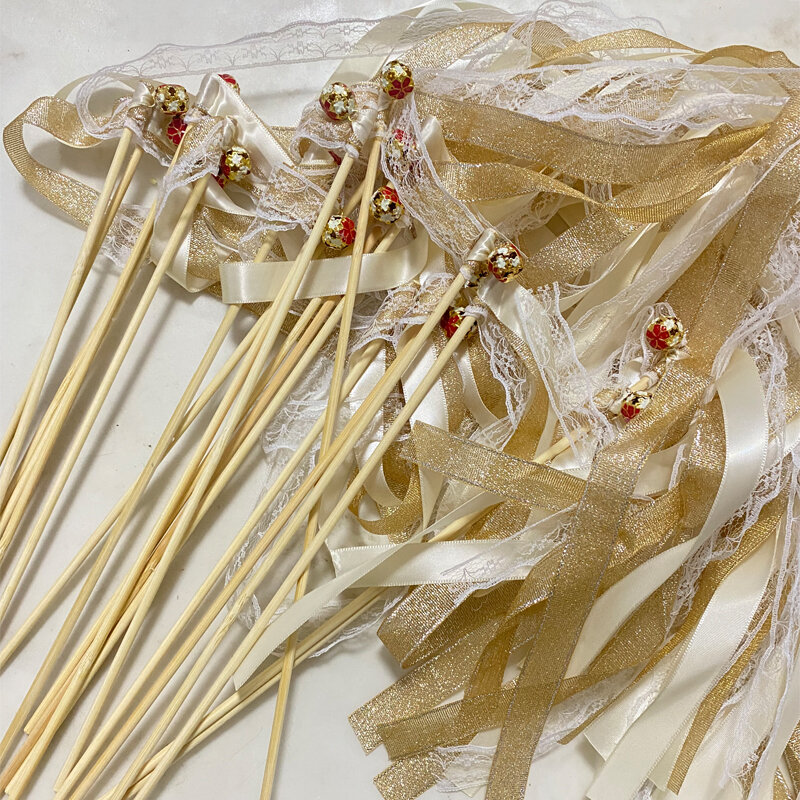 50/20/10pcs Gold Ribbon Stick Wedding Wands with Gold Bells Ribbon Sticks Colorful Ribbon Wands for Wedding Party Decorations