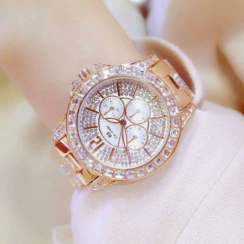 BS list 38mm duże skały kobiety kryształowy diament zegarki luksusowe kwarcowy analogowy róża w kolorze różowego złota kolor Iced sukienka wyjściowa zegarek