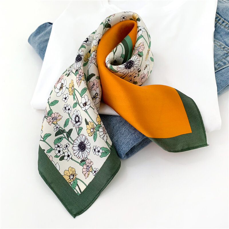 Lenço floral elegante de seda verdadeira, cachecol feminino pequeno e quadrado com estampa de pescoço, bandana, foulard feminino, 2021