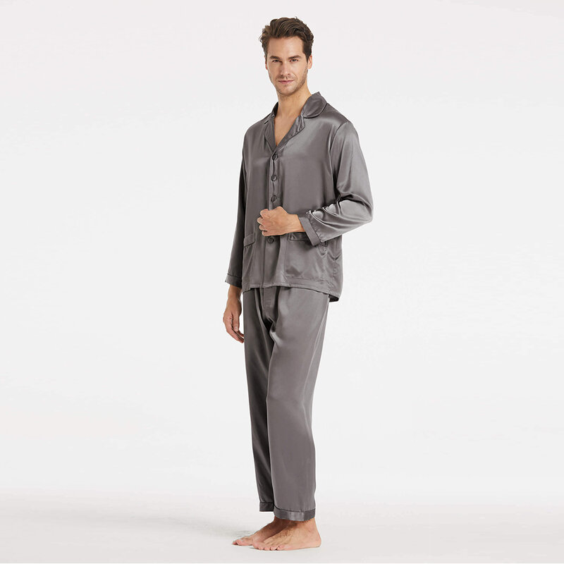 22 momme-Conjunto de pijama de seda de morera Natural de lujo para hombre, ropa de dormir de manga larga con botones y solapa, para estar en casa
