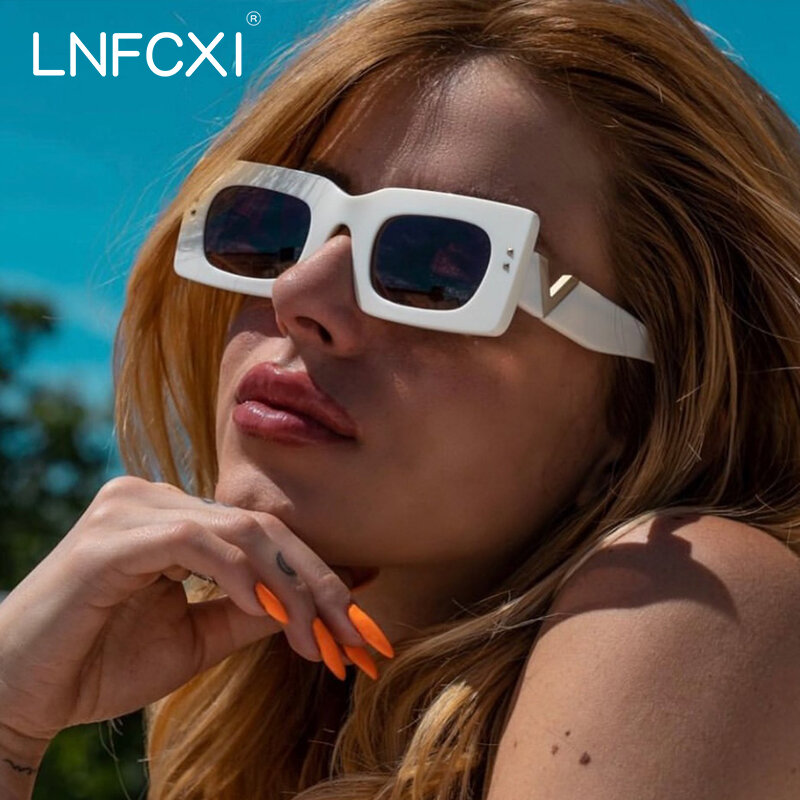 LNFCXI Fashion Women Luxury Brand Rectangle Sunglasses Ladies Vintage V Shape Leg Frame Sun Glasses Female Uv400 Shades Black