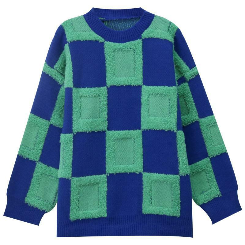 Suéter a cuadros de ajedrez para mujer, top de punto cálido de manga larga grueso, azul-verde, novedad de invierno, 2022
