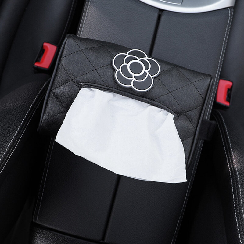 Camélia – boîtes à mouchoirs en cuir noir, jolies boîtes à mouchoirs suspendues pour voiture, accessoires de voiture, organisateur de sac à mouchoirs, décoration de voiture