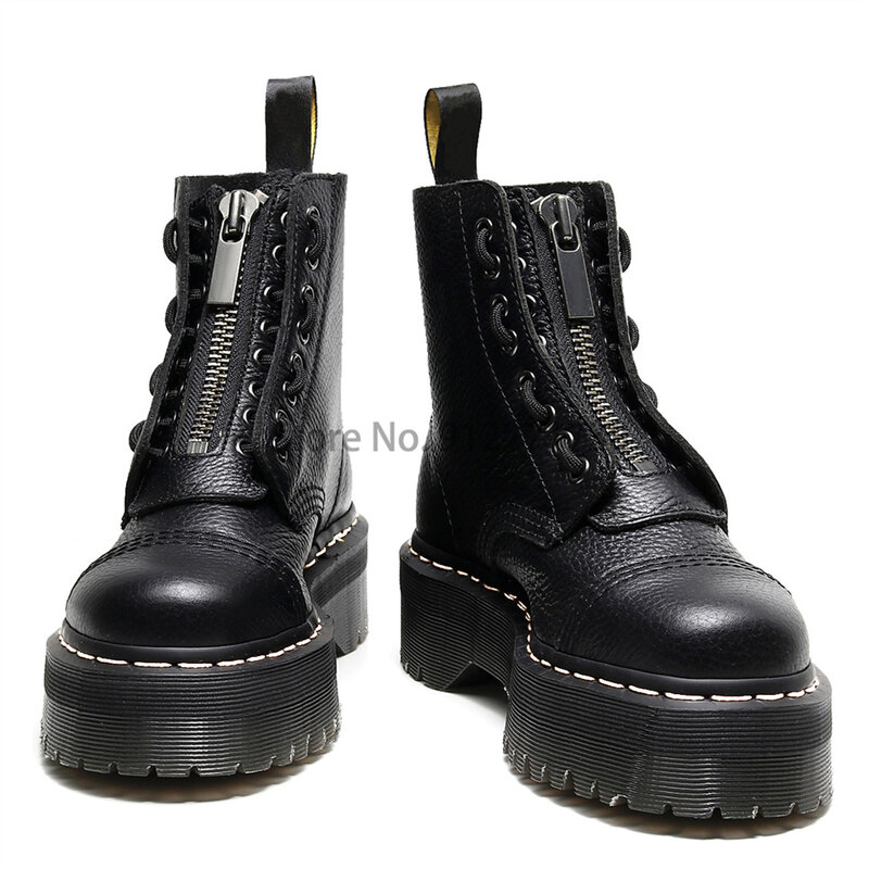 Botas de plataforma feminina de couro genuíno botas de tornozelo feminino inverno nova textura plissada botas de renda com zíper preto punk chunky sapatos