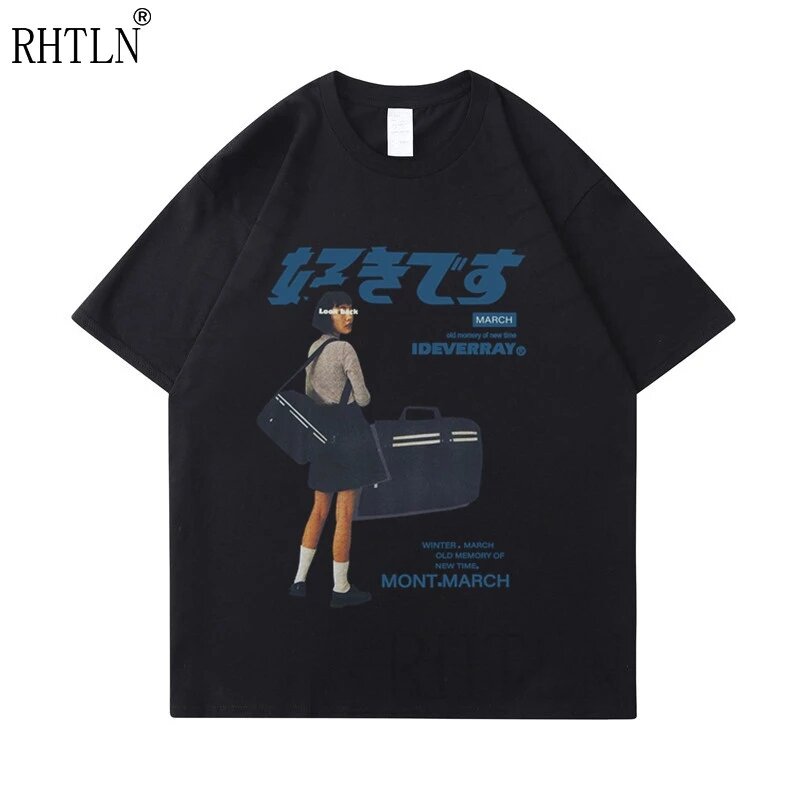 Hip hop streetwear harajuku camisa menina japonesa kanji imprimir camisa 2021 homens verão de manga curta camisa de algodão