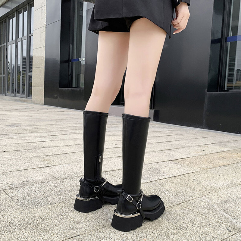 حذاء LapoLaka عالي الكعب سميك مواكب للموضة لعام 2022 أنيق ورائع للغاية سهل اللبس حذاء فارس مناسب للخريف والشتاء للنساء