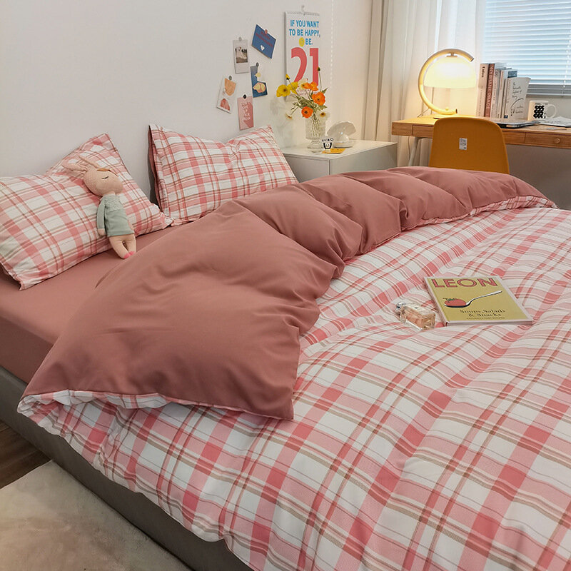 مجموعات أغطية سرير قطنية مغسولة على الطراز الياباني أربع قطع ملاءات سرير بسيطة منقوشة وغطاء لحاف ملاءة سرير مفردة مزدوجة عنبر