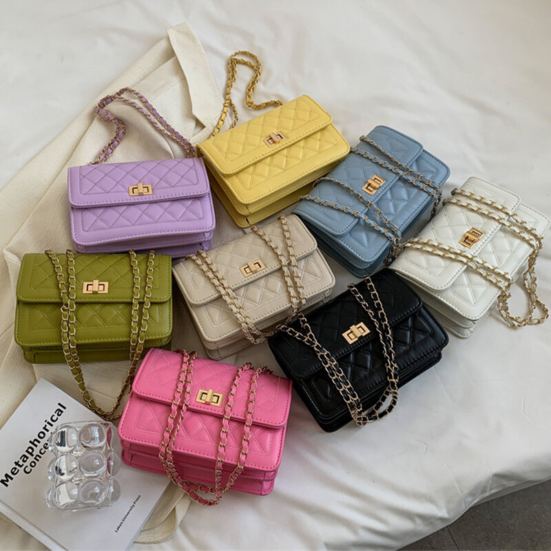 Women PU Leather Handbags INS Fashion Brand Design Chain Shoulder Bags 8 Solid Color Diamond Lattice Thread Woman Crossbody Bags