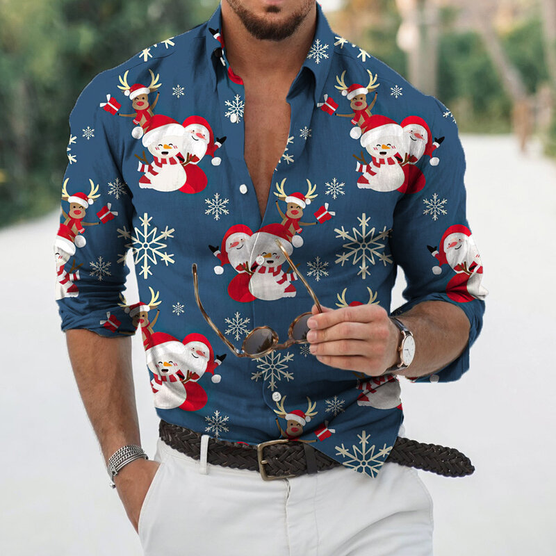 Hawaiian Shirt Men 3d Santa Claus Printed Shirts For Men Holiday Full Sleeve Beach Tops Tee Shirt Men Oversized Blouse Spring
