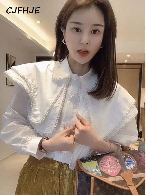 Kemeja Wanita Manik-manik Pita Perban Blus Mode Antik Korea Blus Wanita Kantor Elegan Blus Mujer 2022 Musim Semi/Musim Gugur
