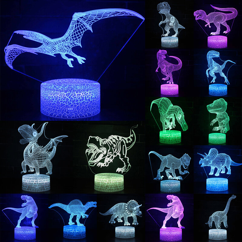 Dinossauro série 16 cores 3d night light lâmpadas de mesa controle remoto brinquedos presente para o miúdo decoração para casa 3d led night light lâmpada