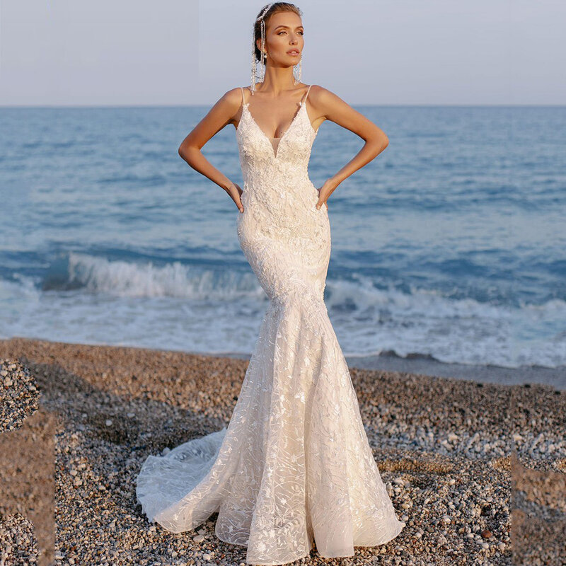 Aviana Einfache Sleeveless Strand Hochzeit Kleid Für Braut 2023 Spaghetti-trägern V-ausschnitt Brautkleid Floral Spitze Appliques Backless