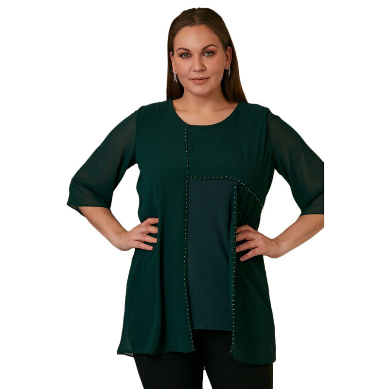 Женская блузка Fierte большого размера Rg4018 с круглым вырезом и полурукавами, асимметричная шифоновая приталенная Элегантная блузка для весны и лета