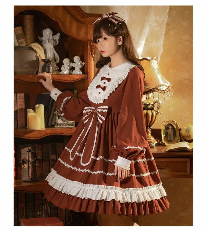 Autumn Sweet Lolita OP Dress Women Kawaii Vintage Ruffles Bowknot Party Dresses Girls Harajuku Cute Long Sleeve Dress