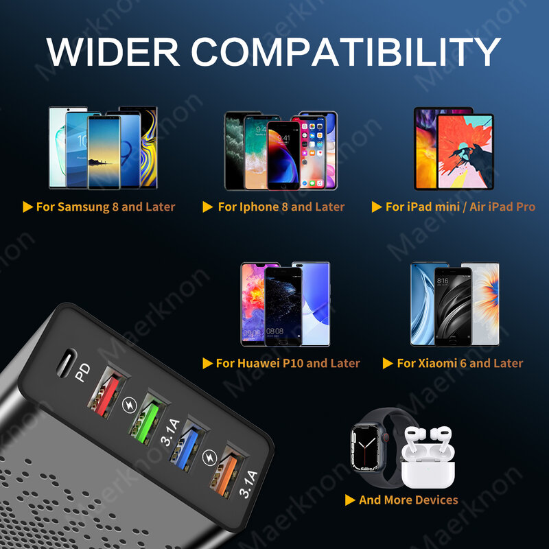 Adaptador de cargador USB de 5 puertos, Cargador rápido PD de 48W para carga de teléfono para iphone, Samsung, Xiaomi, tableta, QC 3,0