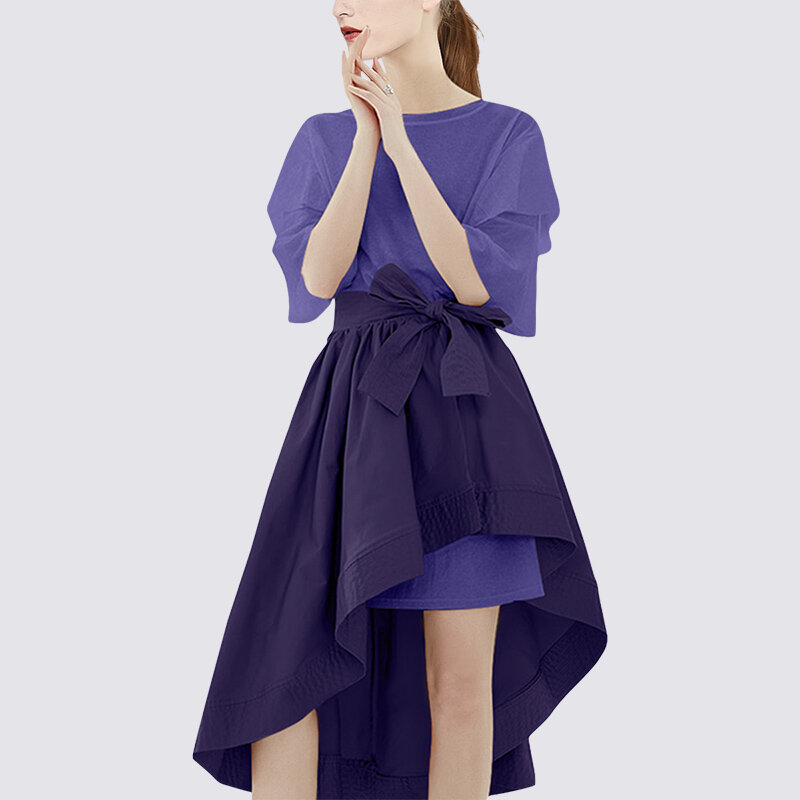 Vestido de camiseta púrpura para mujer, falda de medio cuerpo de cintura, moda de dos piezas con traje, novedad de verano 2022