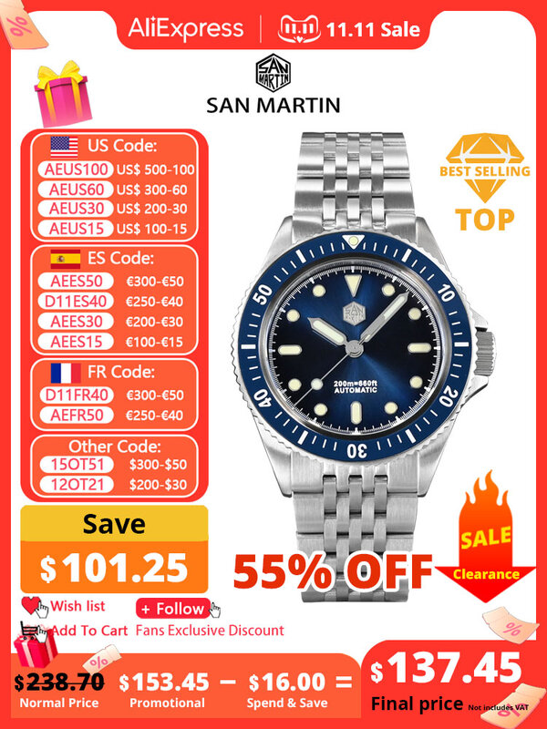 San Martin-Reloj de buceo Miyota 8215, pulsera de diseño Original, estilo deportivo, relojes mecánicos automáticos, zafiro, 20bar, 38mm