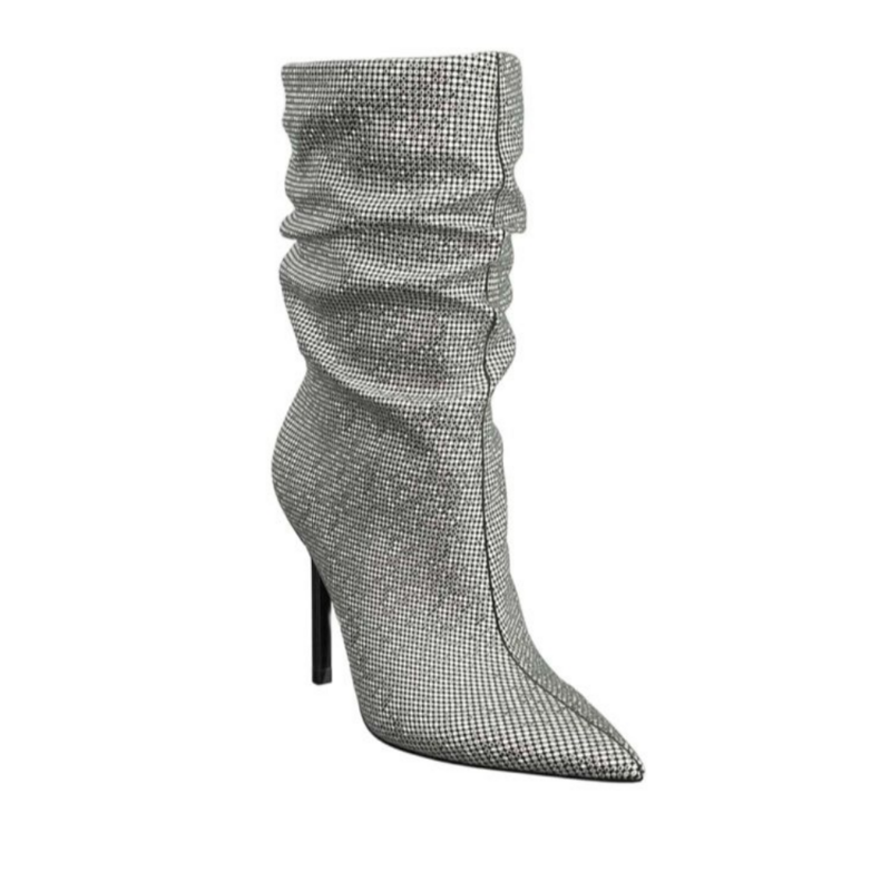 Women's Autumn and Winter New European and American Fashion Rhinestone Decoration Pointed High Heel Sleeve Party Boots Silver