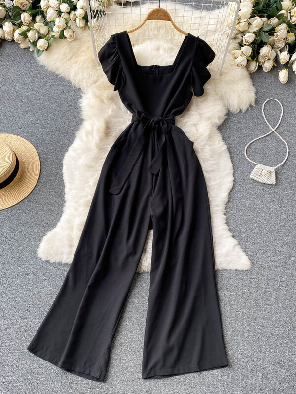 Women 2022 Korean version of the summer new holiday style fashion sexy V-neck slim long casual wide-leg jumpsuit female D0633