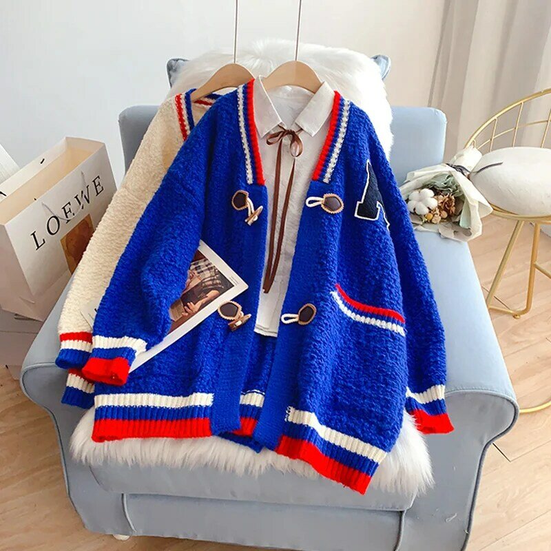 SONG YI Oversized Blue Cardigans 2022 New Women's Sweater Jacket Autumn Winter Thicken Preppy Style Striped Knitted Coats A0258