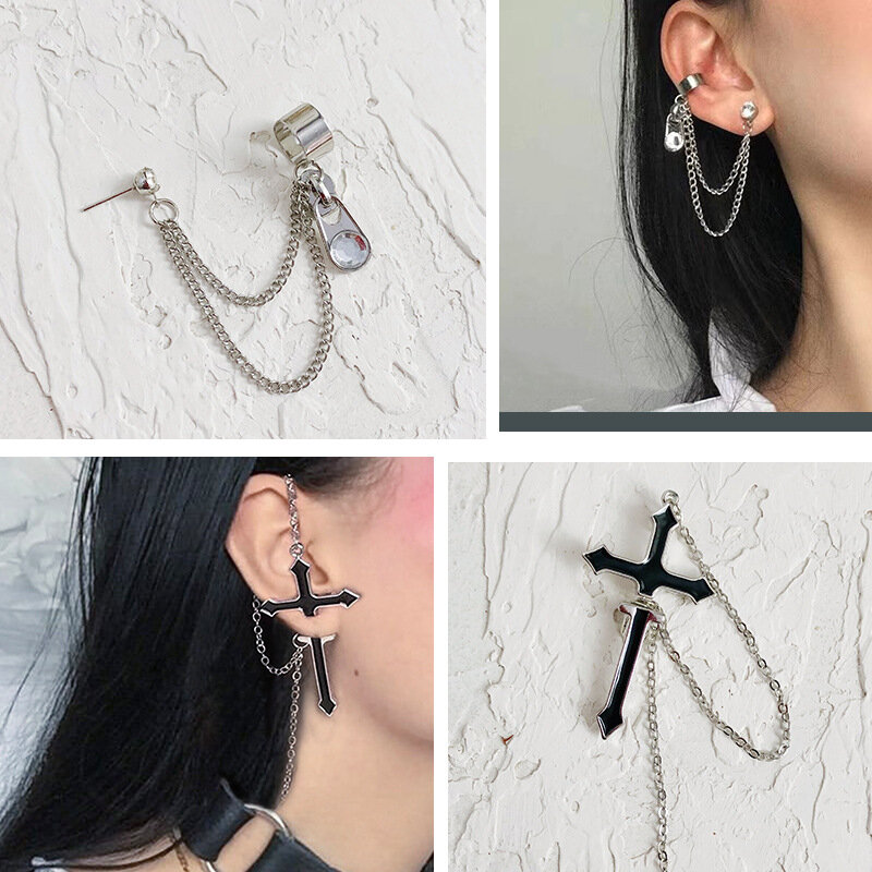 Punk Personality Cross Chain Zipper Ear Hanging Silver Needle Fashion Glass strass Ear Bone Clip Ladies Earring Jewelry