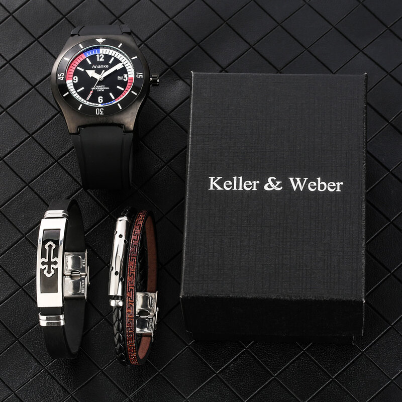 Fashion Sports Men Watch Silicone Strap Waterproof Calendar Quartz Wristwatch Luxury Bracelet Set Gift for Male Reloj Hombre