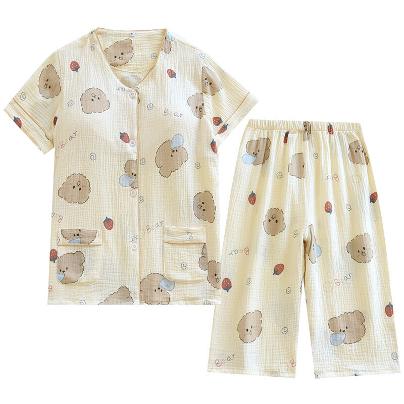 Women's Pajamas With Chest Pad Cotton Short Sleeve Cropped Pants Sleepwear Suit Ladies Y-neck Homewear Cartoon Print Nightwear
