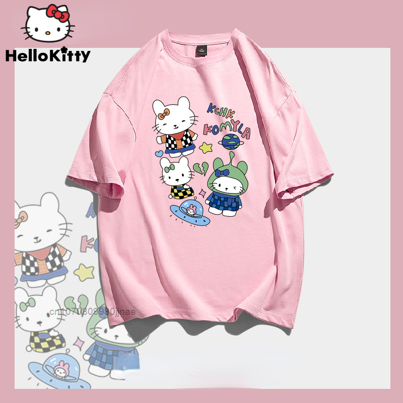 Kaus Musim Panas Kartun Mode Kawaii Pakaian Wanita Hello Kitty Atasan Streetwear Kaus Katun Kasual Longgar Gaya Harajuku Korea