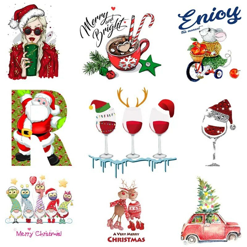 Parche de Navidad, insignia, bonitos gnomos, ciervos, Santa Claus, taza, pegatinas térmicas, transferencia de hierro para ropa, parches de coche Diy, apliques