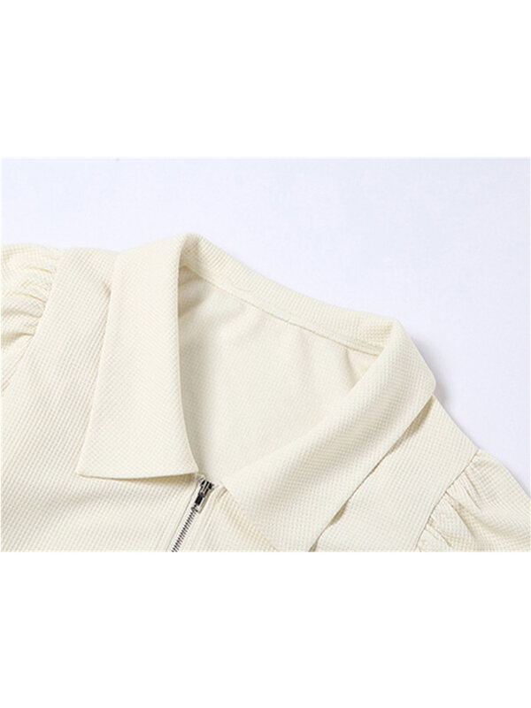 Women Spring New Elegant Vintage Office Lady Short Shirt Solid Korean Fashion Long Sleeve Crop Tops Zipper Cardigan Blouse Slim