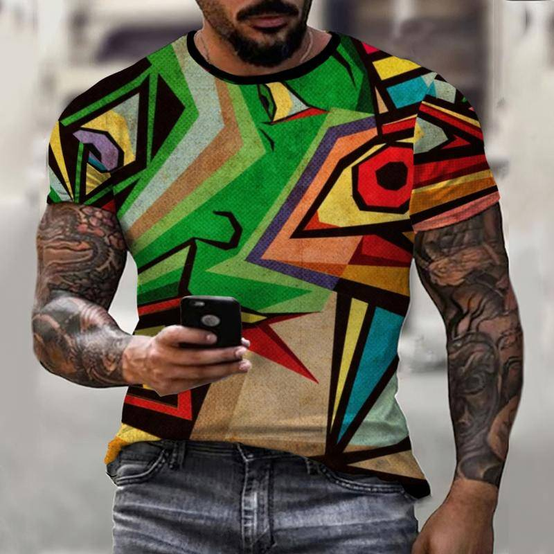 Camiseta con estampado 3D de grafiti para hombre, camiseta informal tridimensional con estampado de cuello 0, moda abstracta, de calle, de manga corta