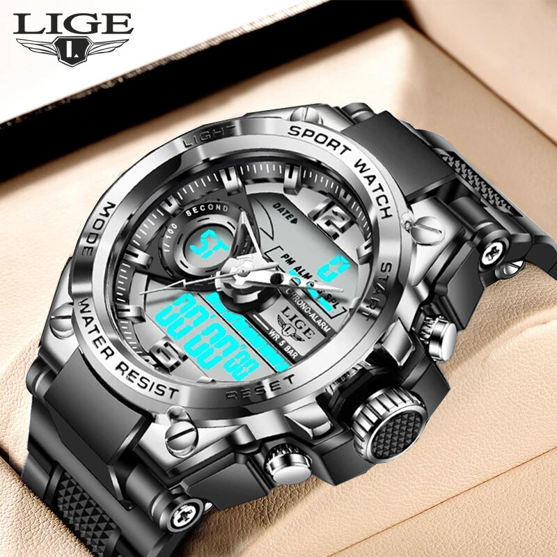 LIGE-reloj deportivo Digital para hombre, nuevo accesorio de pulsera de cuarzo resistente al agua hasta 50M con alarma y pantalla Dual electrónica, 2022