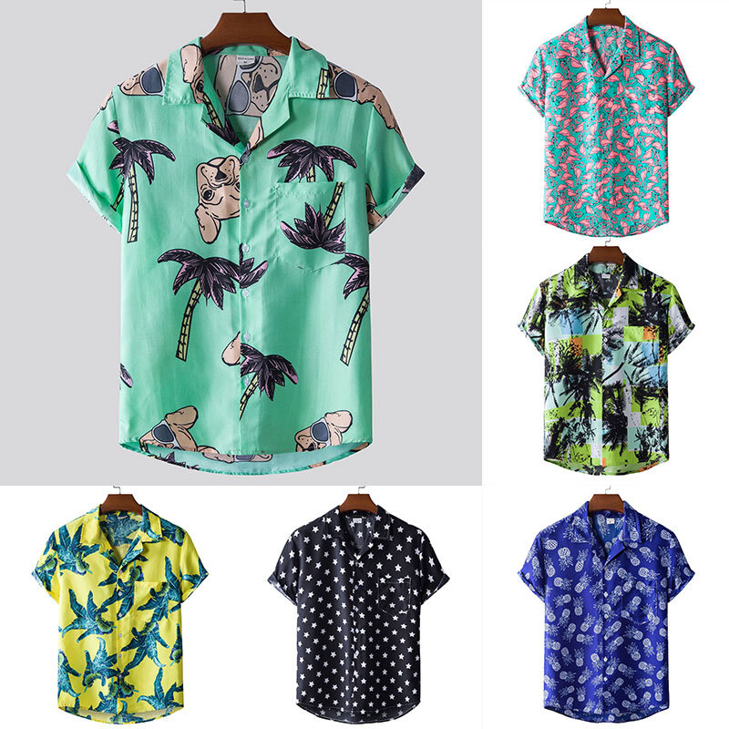 남성 여름 에스닉 프린트 하와이안 반팔 셔츠, 탑스 블라우스 티셔츠, 넉넉한 비치 캐주얼 플로랄 하와이안