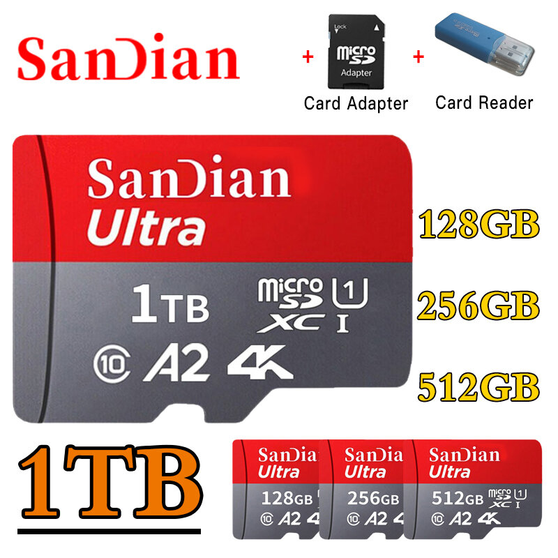 100% 정품 Micro TF SD 카드 Class10 128GB 256GB 메모리 카드 512GB Micro SD 1TB 전화 카메라 등 카드 리더기 지원, 마이크로 SD Class10