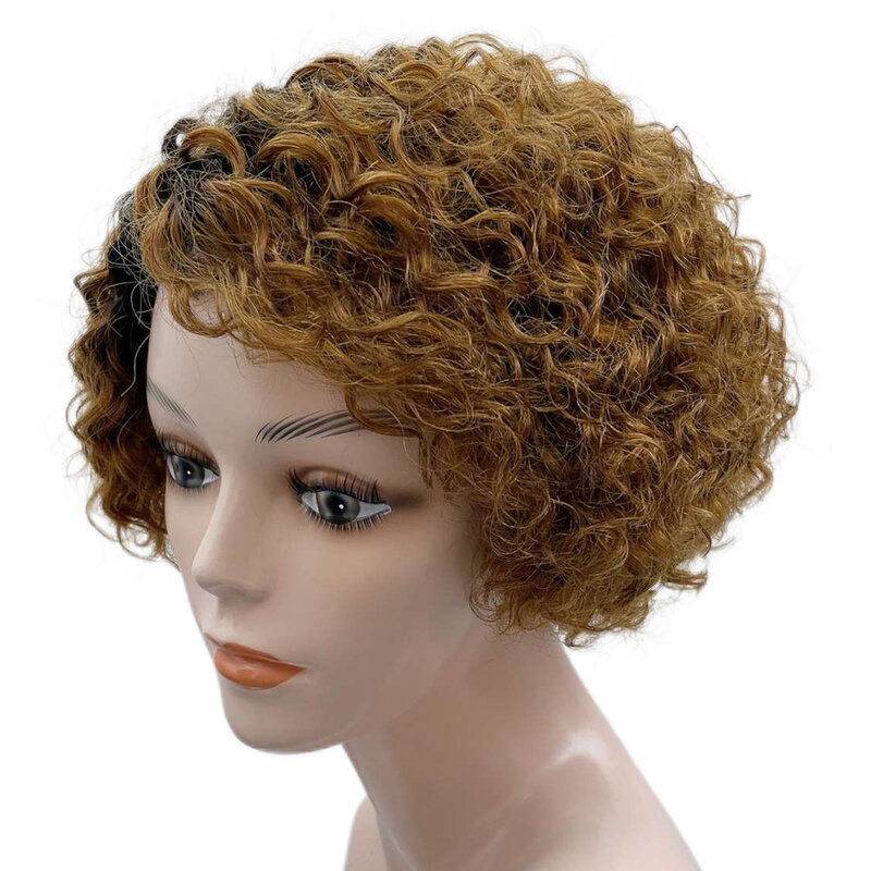 Peluca de cabello humano rizado con parte lateral para mujeres negras, corte Bob Pixie corto, cabello humano Remy brasileño, sin malla frontal