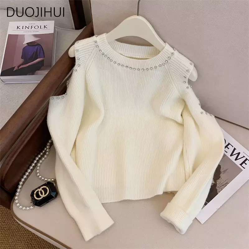 DUOJIHUI Chicly Pearl Hollow Out Knitting Female Pullovers Classic O-neck Simple Casual Loose Pure Color Fashion Women Pullovers