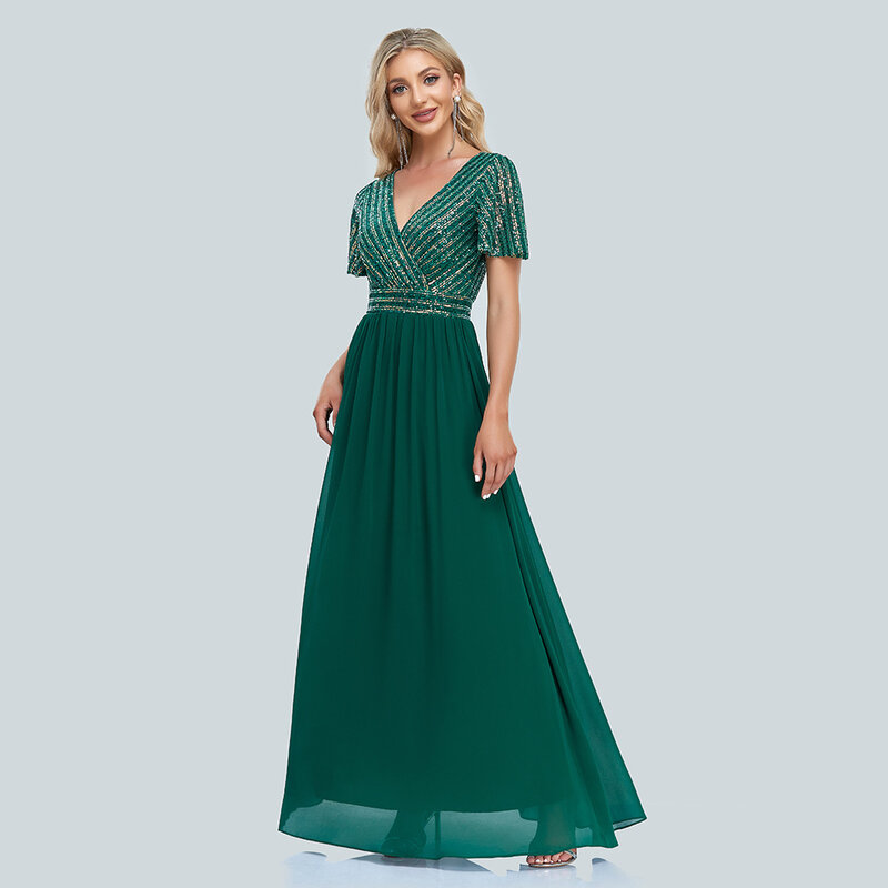 Linha a com decote em v lantejoulas & chiffon vestido de noite verde mangas curtas até o chão vestido de festa de verão vestidos femininos frete grátis