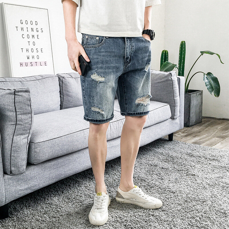 Шорты мужские джинсовые в уличном стиле, винтажные свободные прямые штаны из денима с дырками, на пуговицах, со средней талией, лето